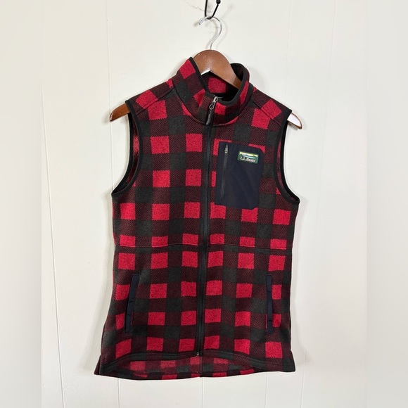 LLBean sweater fleece vest buffalo plaid size L long line women's red black - Picture 1 of 4